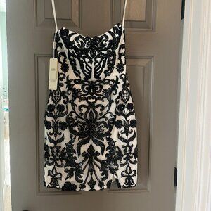 Fitted Strapless, White and Black Beaded Embroidered Slit Formal Dress, Size 2